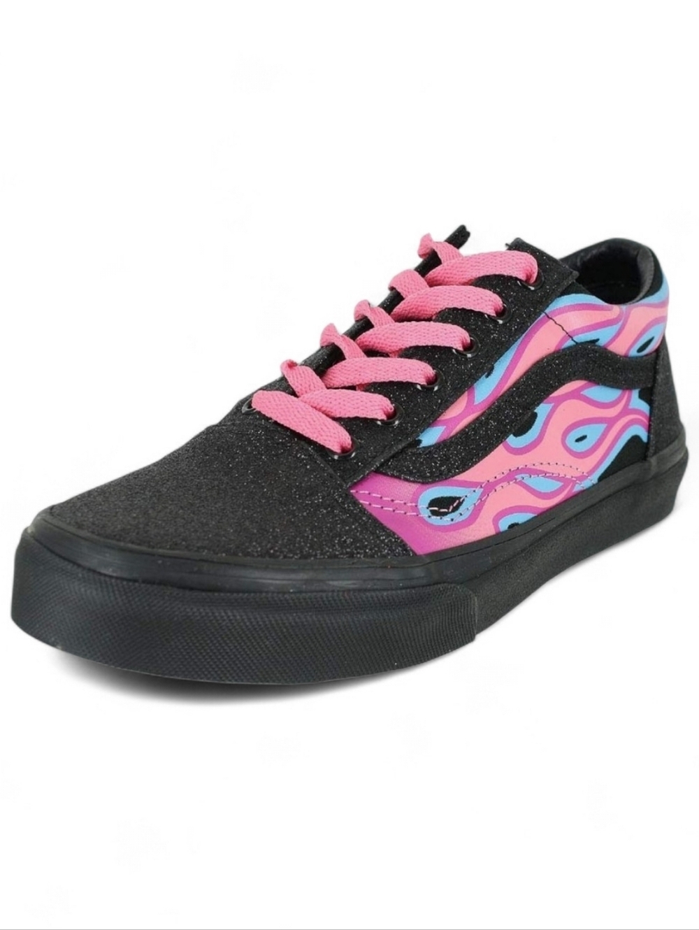 Vans Old Skool Sneakers Black Sparkle Flame Pink Lemonade Size 5.5